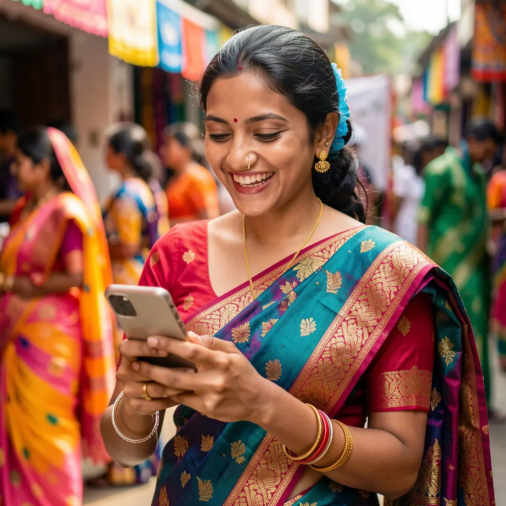 Happy Bangladeshi woman smiling while using the AQ22 casino app on her smartphone with colorful lights creating a joyful gaming mood