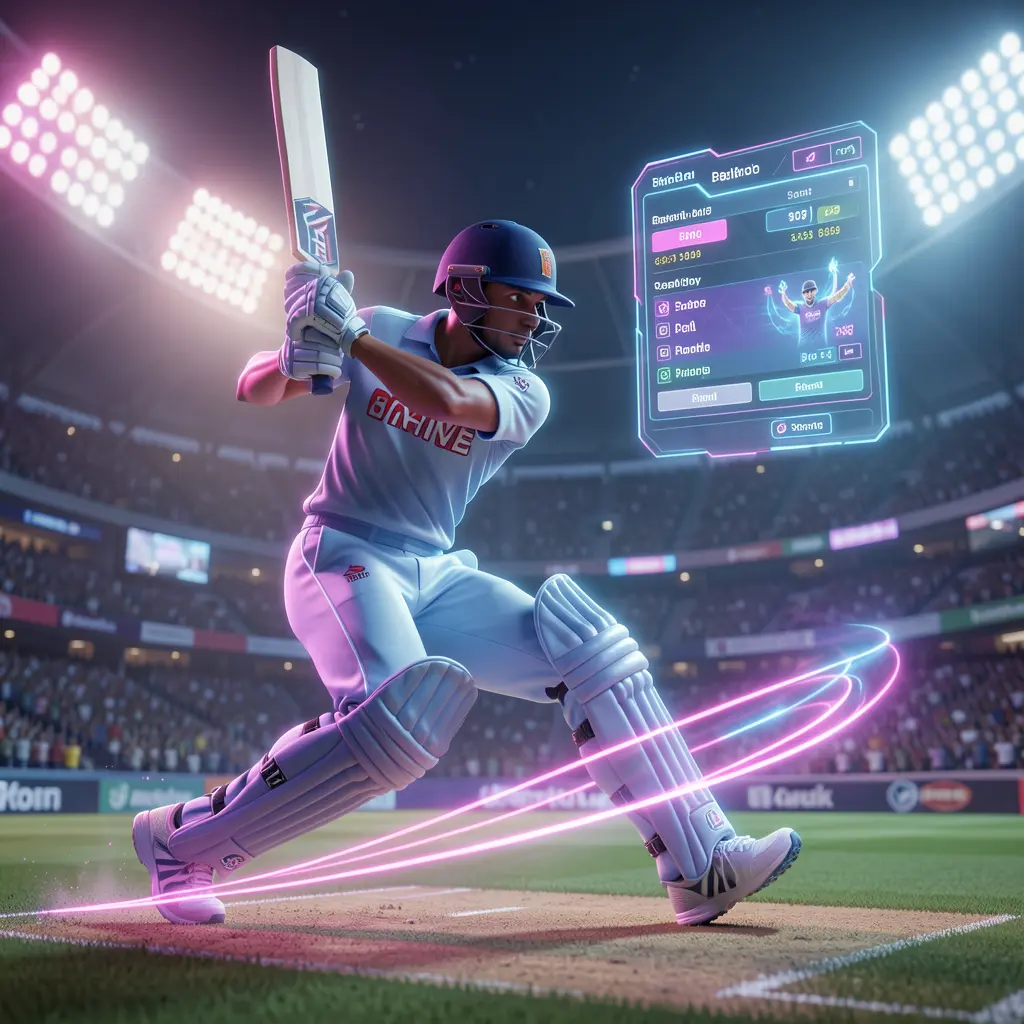 Dynamic neon cricket player with glowing trails inside a stadium and a transparent betting interface showcasing AQ22 sports betting features in Bangladesh