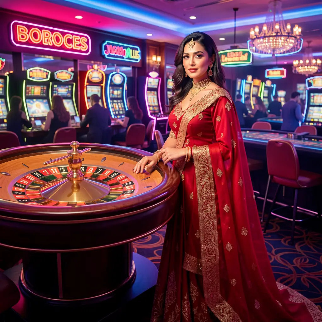 Elegant casino atmosphere with a glamorous woman in a red dress standing by a glowing roulette table showcasing the premium gaming experience at AQ22 for players in Bangladesh