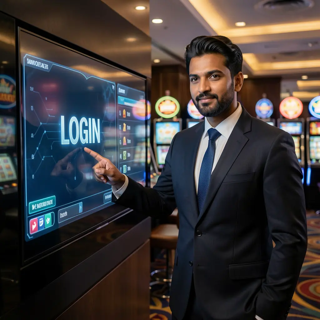Confident Bangladeshi casino representative guiding users to log in on the AQ22 platform in a modern digital casino setting