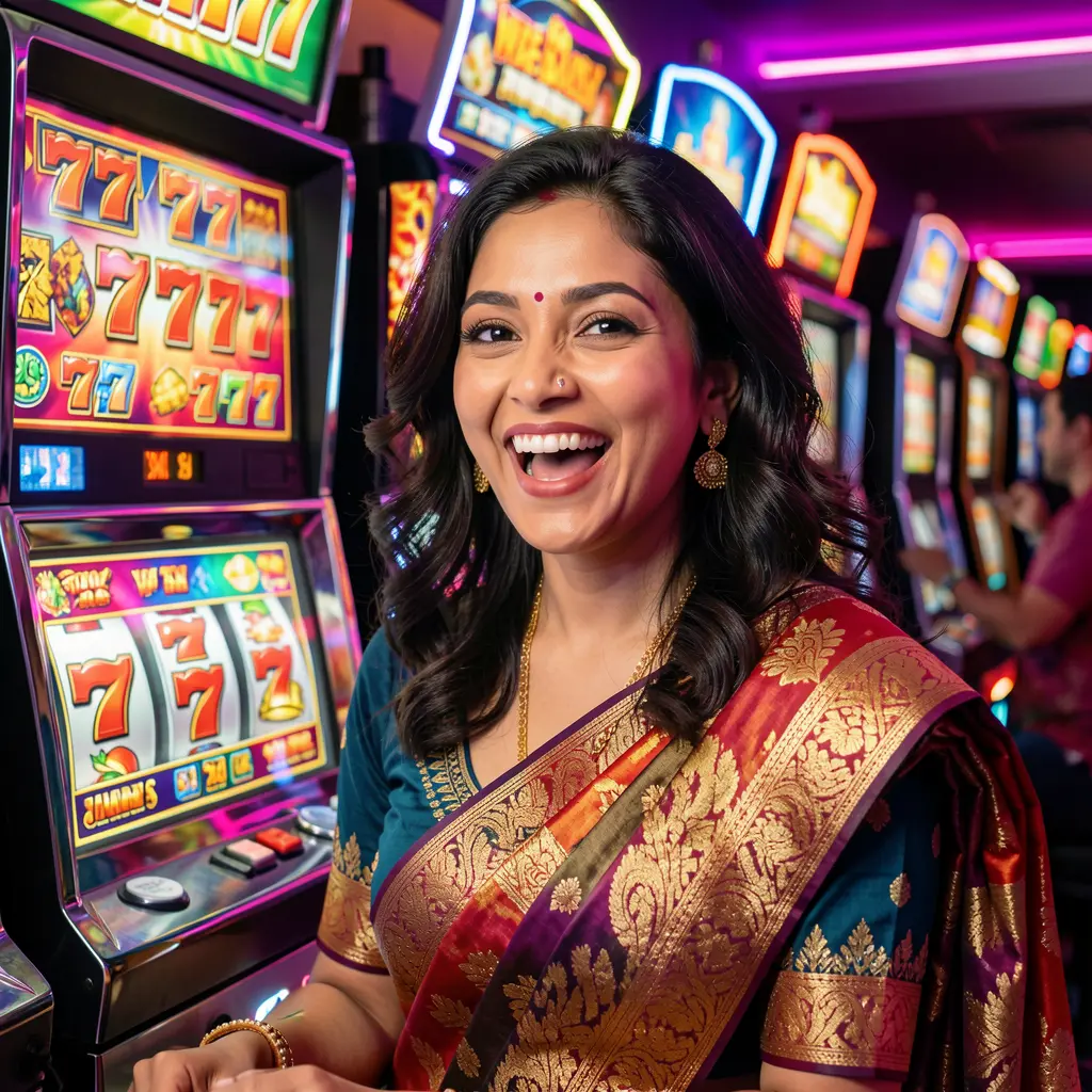Happy woman celebrating a win in front of glowing 777 slot symbols showcasing the exciting casino atmosphere of AQ22 for players in Bangladesh